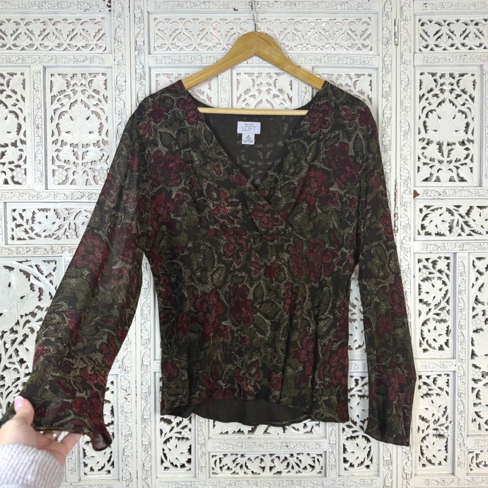 LOFT 100% Silk Floral Faux Wrap Blouse‎ Sz 14 Fairy Cottage Milkmaid Boho
